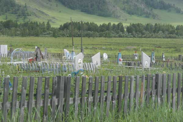 Cemetery markers behind a wooden fence with trees and mountains in the background
