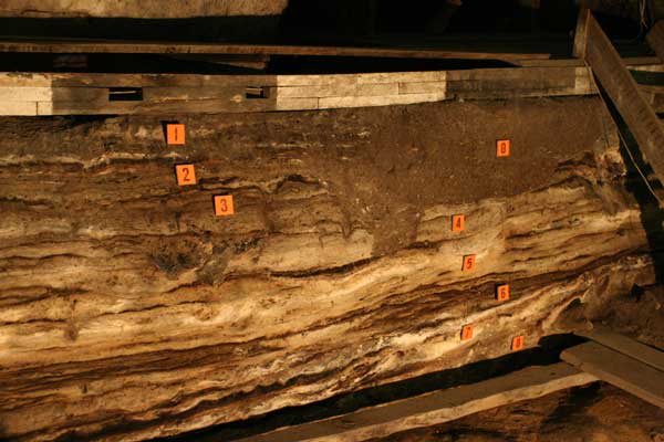 A sediment section with labels showing different layers