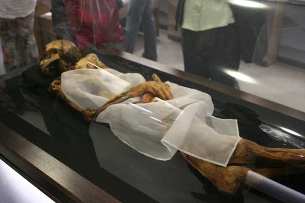 A mummy with white cloth covering a portion in a glass case