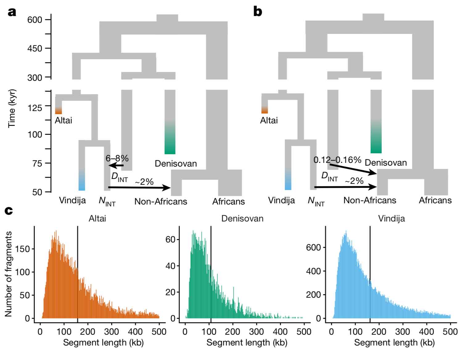 Figure 2 from Skov et al. 2020 showing models for Altai Neanderthal, Vindija Neanderthal, and Denisovan introgression