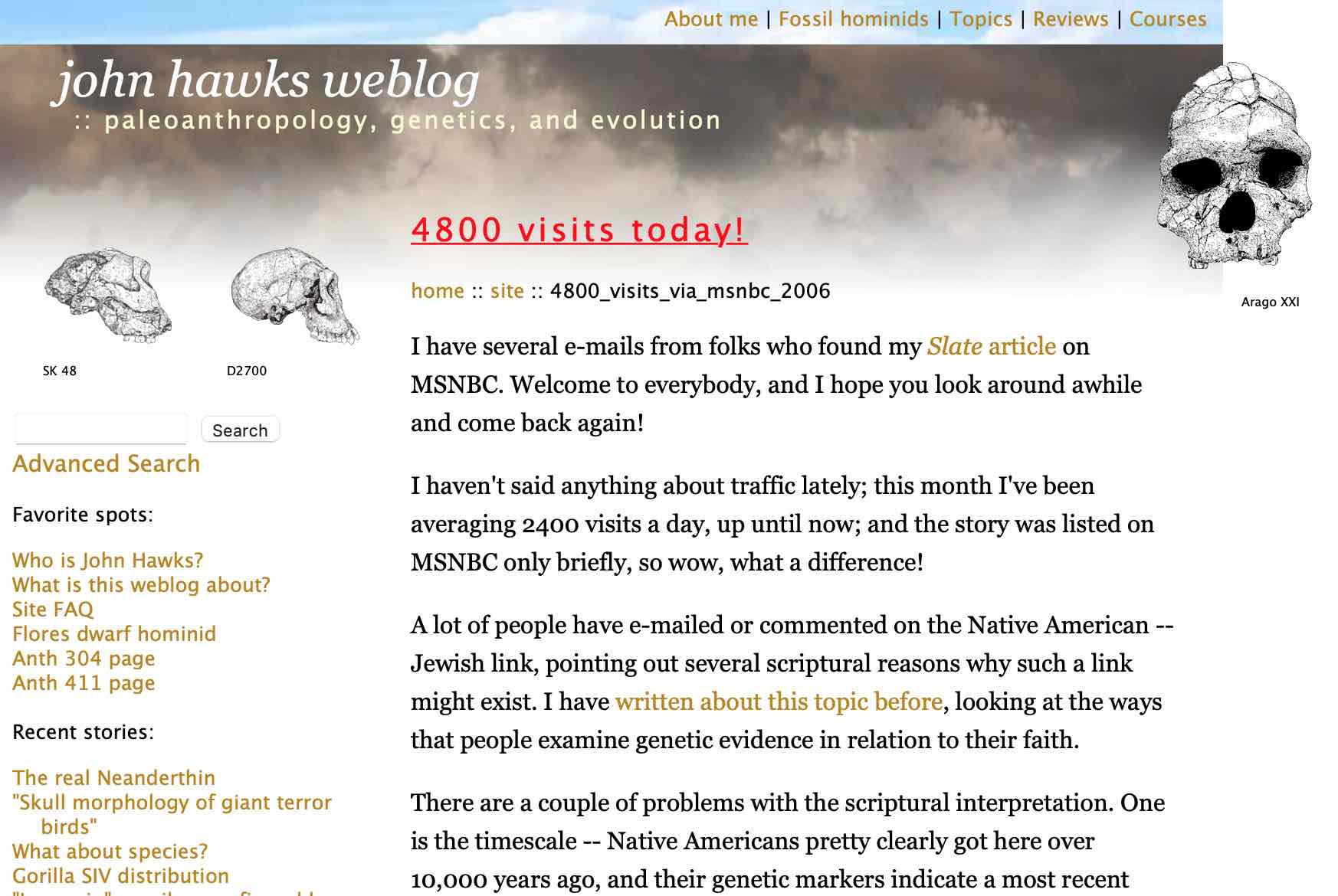 John Hawks weblog front page circa 2006