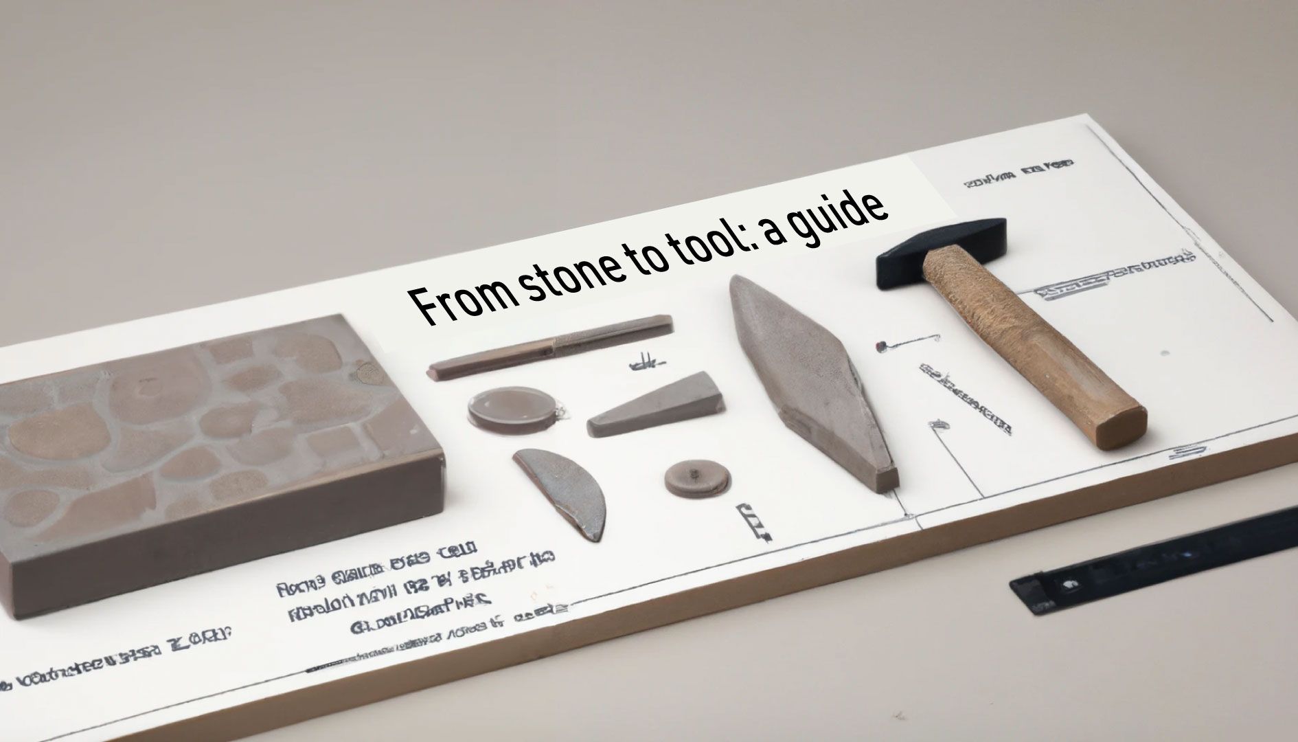 An instruction board with stone objects labeled, "From stone to tool: a guide"