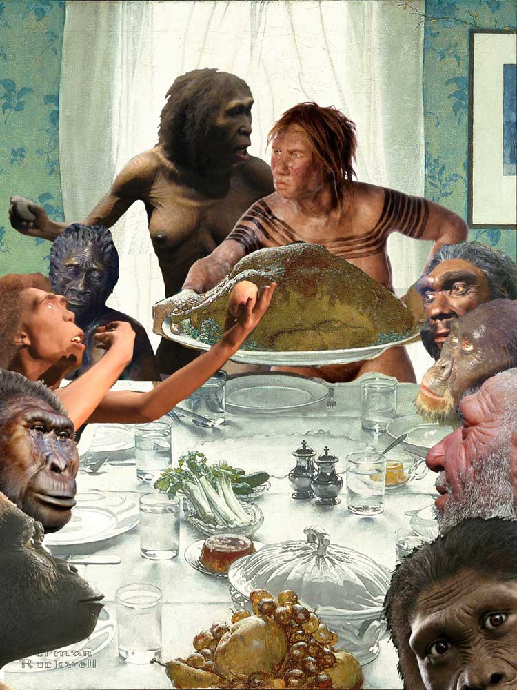 Parody image of Norman Rockwell's "Freedom from Want" with paleoanthropological reconstructions instead of people