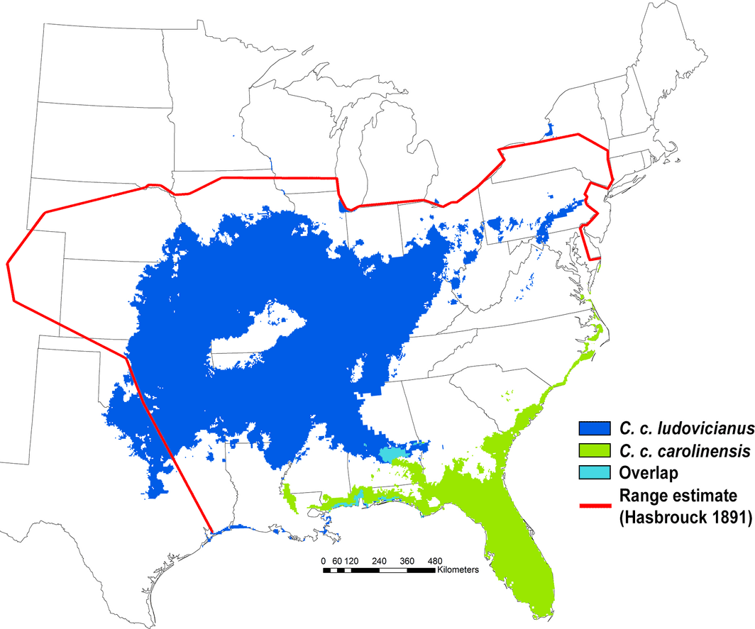Map of southeast United States showing the range estimate of Carolina parakeets according to Hasbrouck 1891 and two much smaller range estimates from the current work.