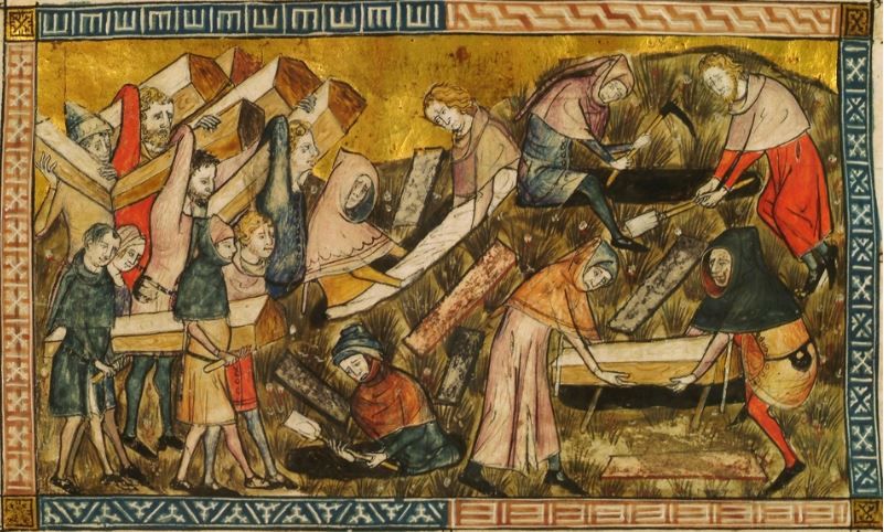 Medieval manuscript illustration showing people digging graves and carrying coffins