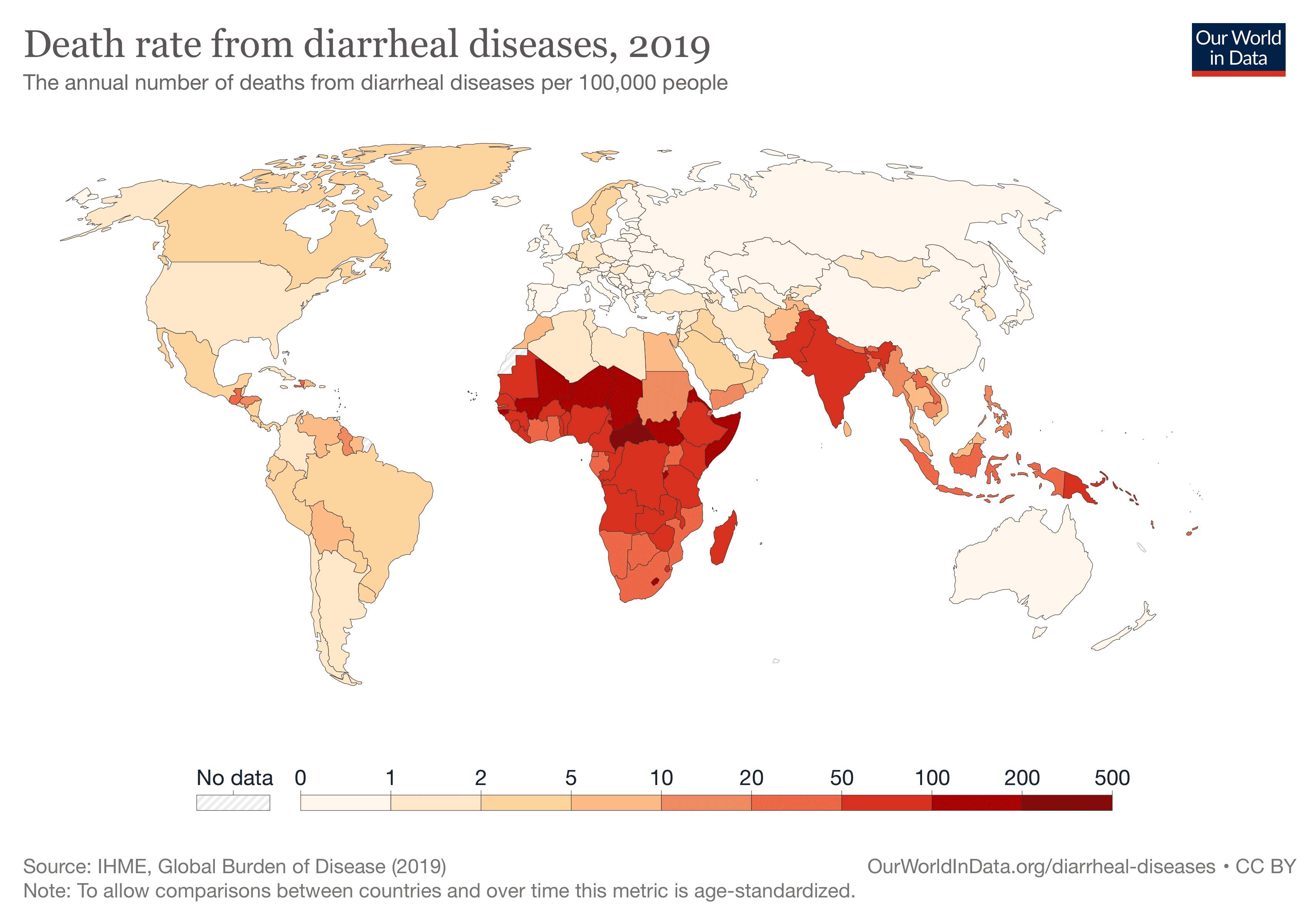 Map showing death rates from diarrheal diseases in 2019 for world countries. Much of Africa, South Asia, and Southeast Asia have high rates while other world regions are lower.