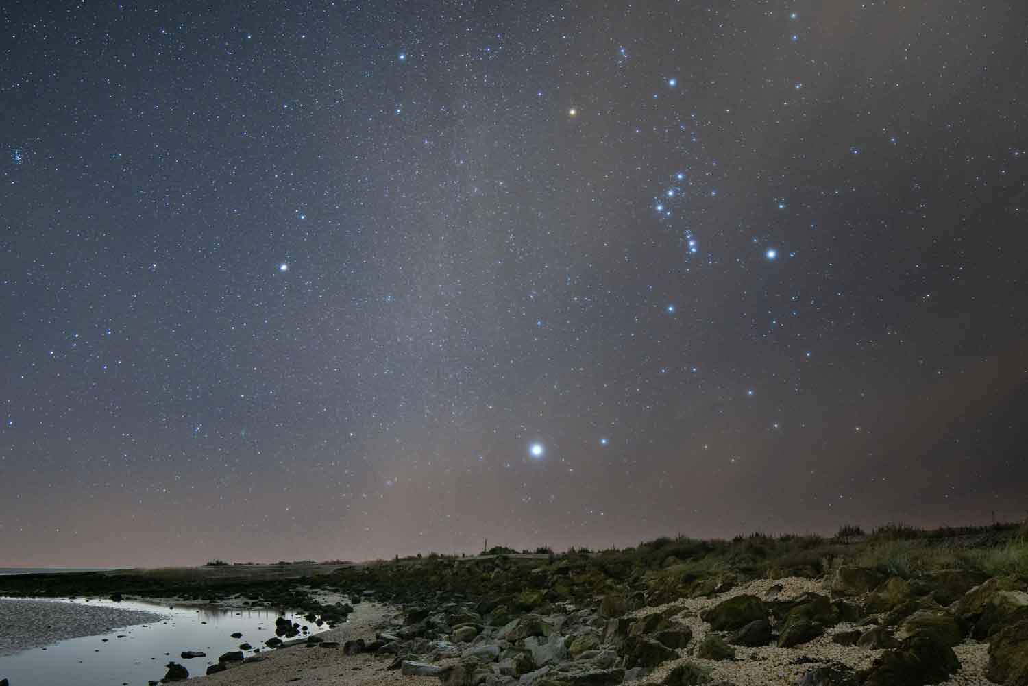 Orion high in the sky over a beach