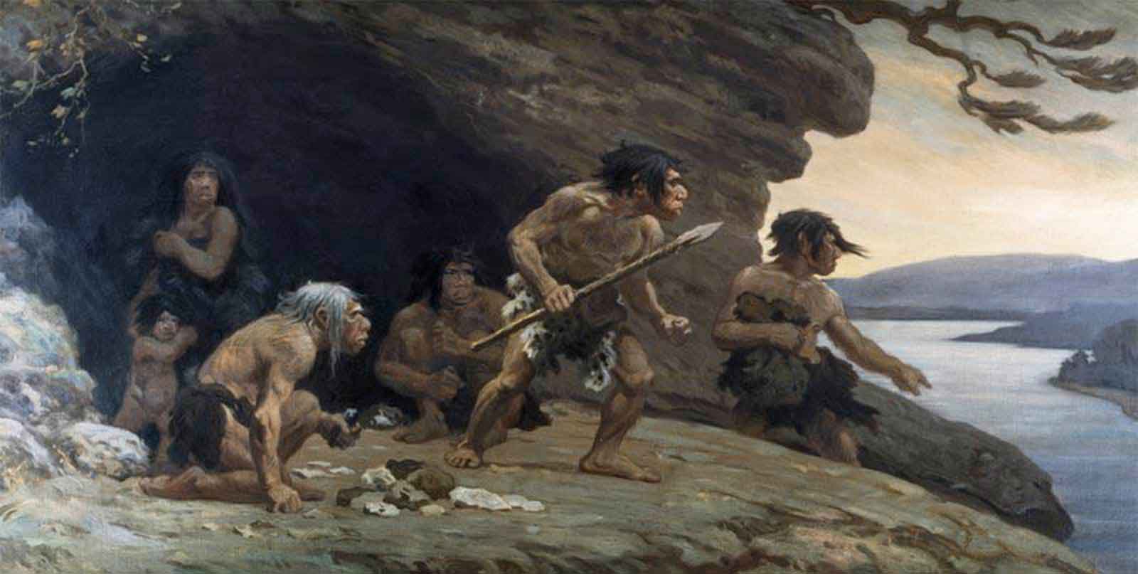 Neandertals standing and squatting outside a cave looking over a valley