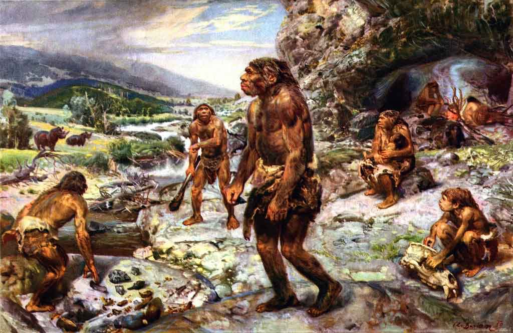 Painting depicting a group of Neandertals near a cave