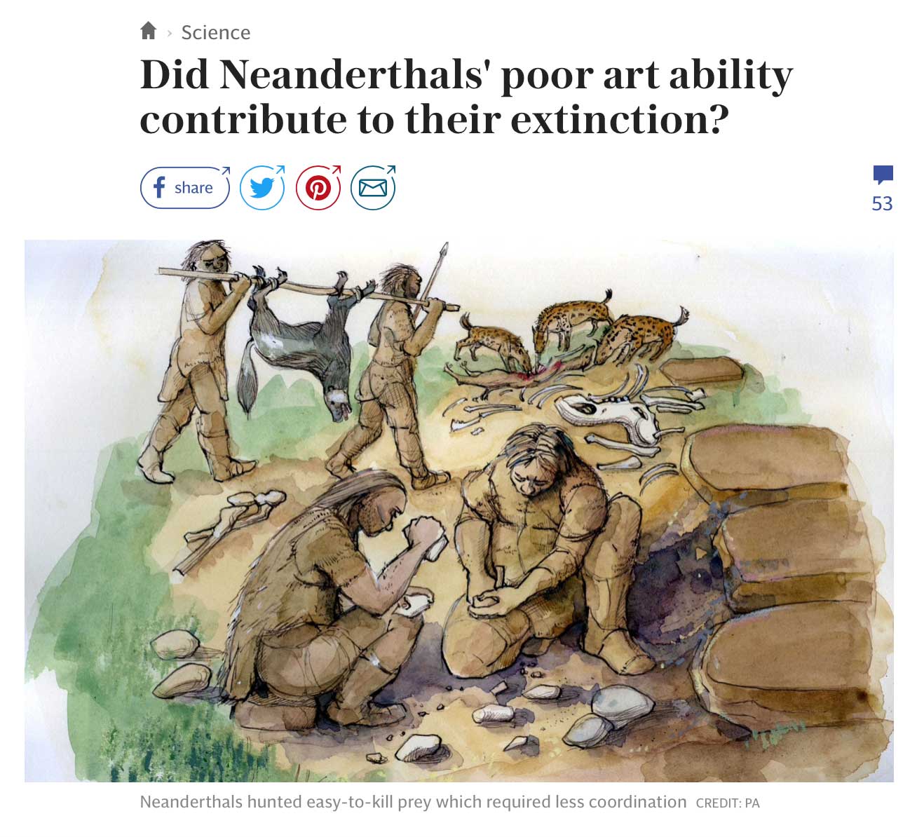 Headline: "Did Neanderthals' poor art ability contribute to their extinction?" with drawing of Neandertals.