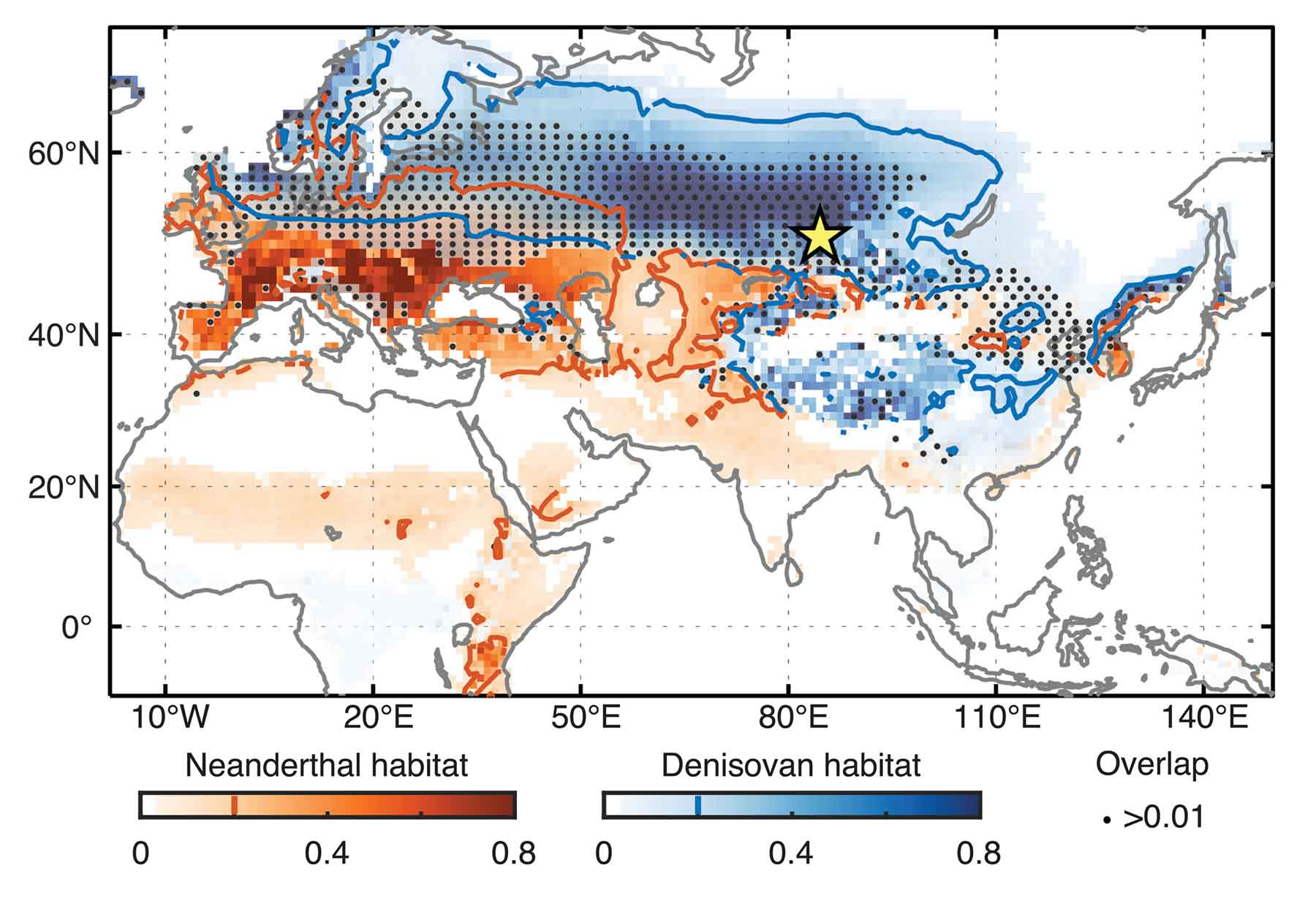 A map showing Neandertal habitat stretching from Spain to Korea, including parts of north Africa, and Denisovan habitat stretching from Scotland to Tibet.