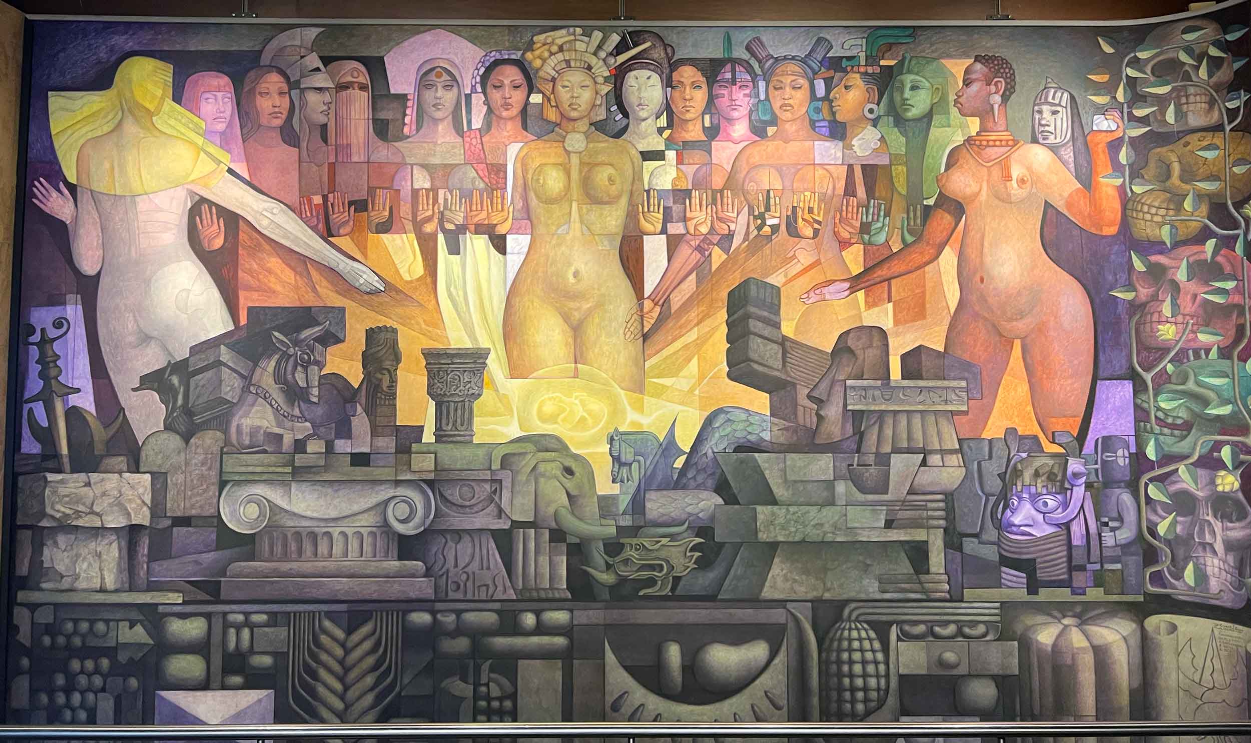 A mural showing women from varied global populations surrounded by artifacts from different places and times