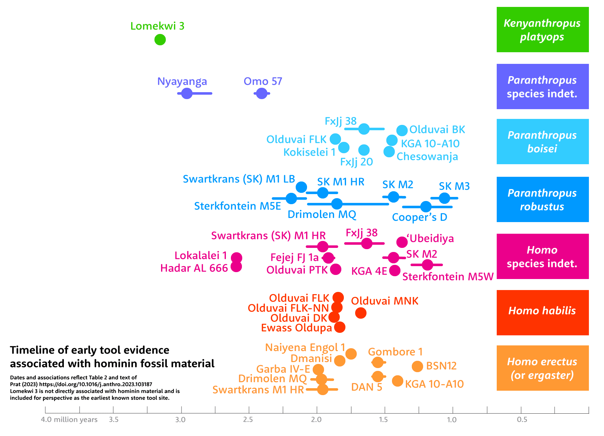 Timeline of early tool evidence associated with hominin fossil material. The image shows that Paranthropus and Homo species are both associated with stone and bone tools. 