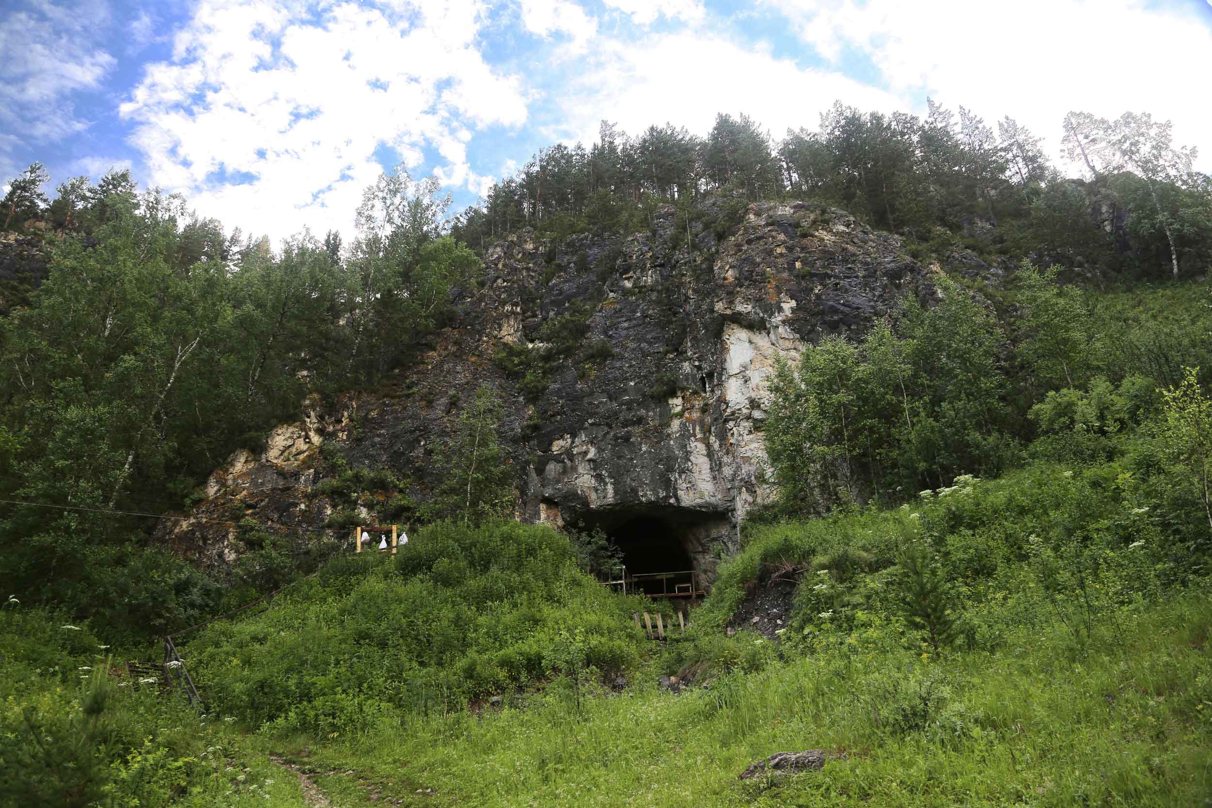 A cave opening in a gray rockface surrounded by greenery
