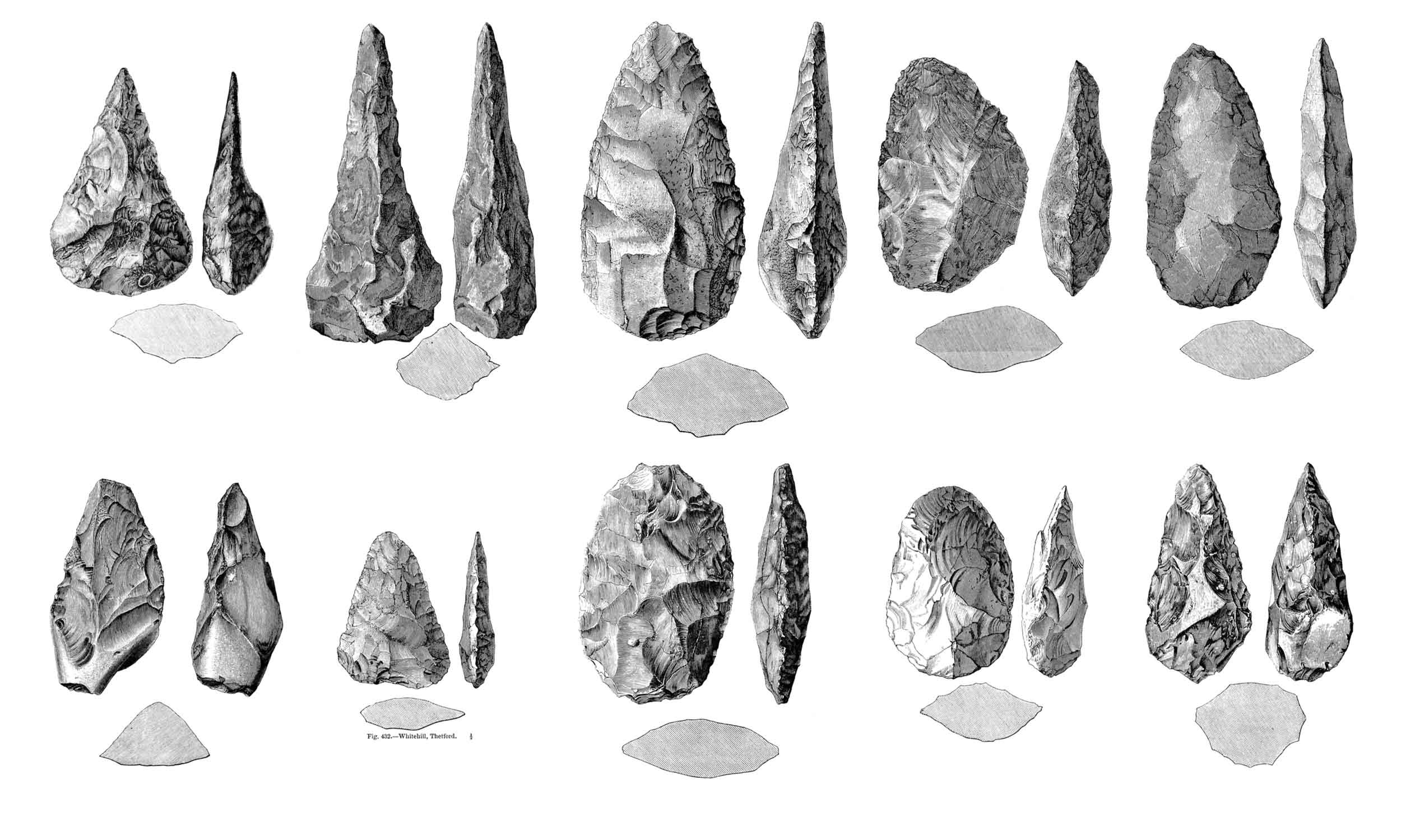 Ten handaxes of varying sizes and form. Each is illustrated from one face and on edge, with a cross-section below