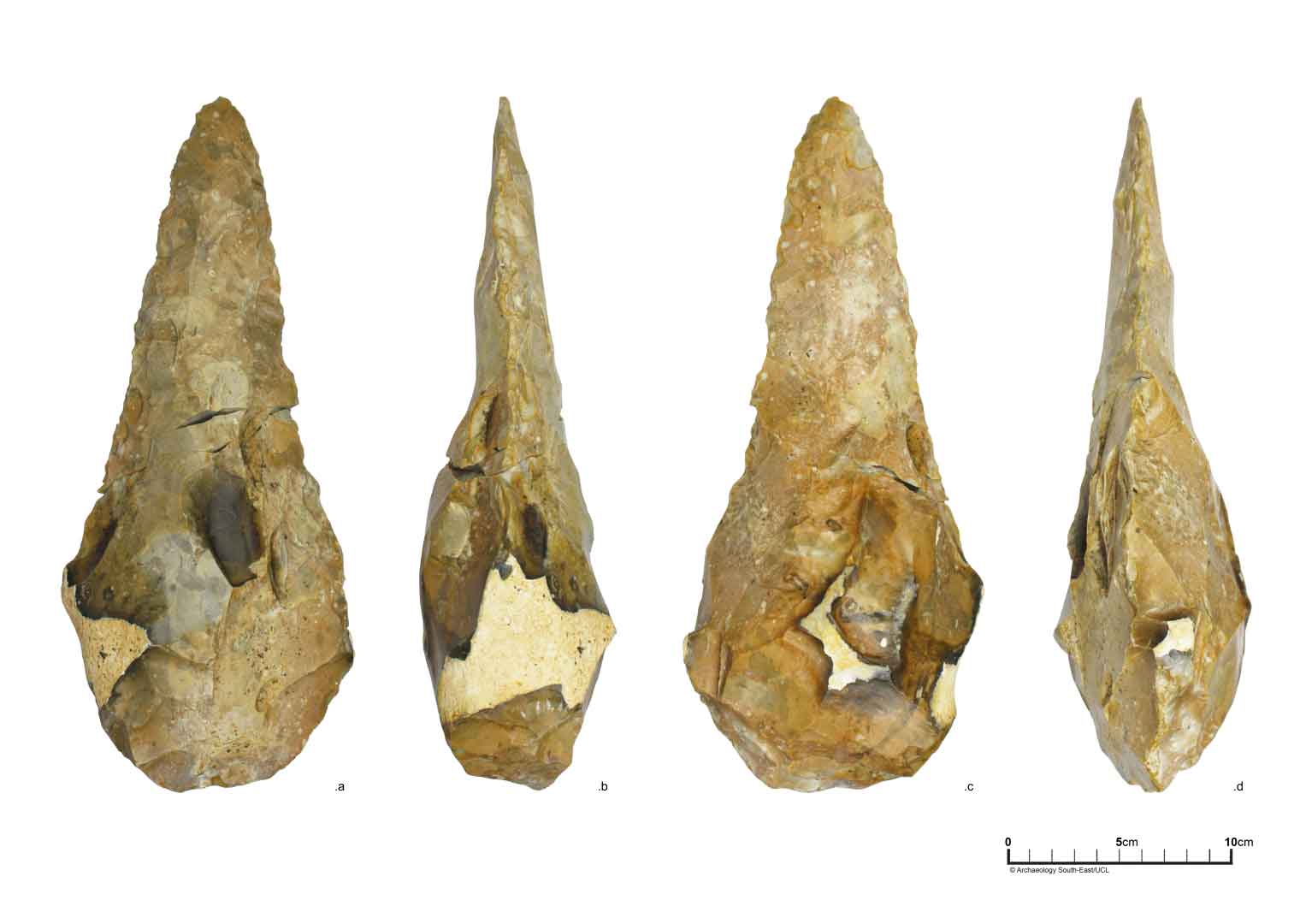 Four views of a large tan-colored handaxe with a very pointed end