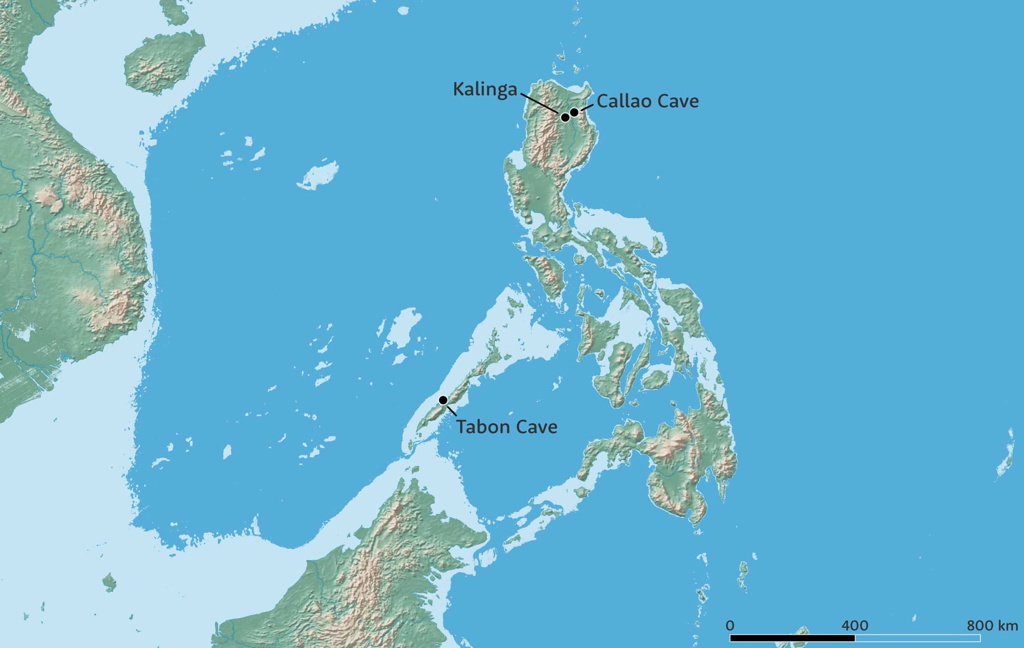Map of the Philippines and surrounding area, showing locations of Kalinga and Callao Cave on Luzon, and Tabon Cave on Palawan