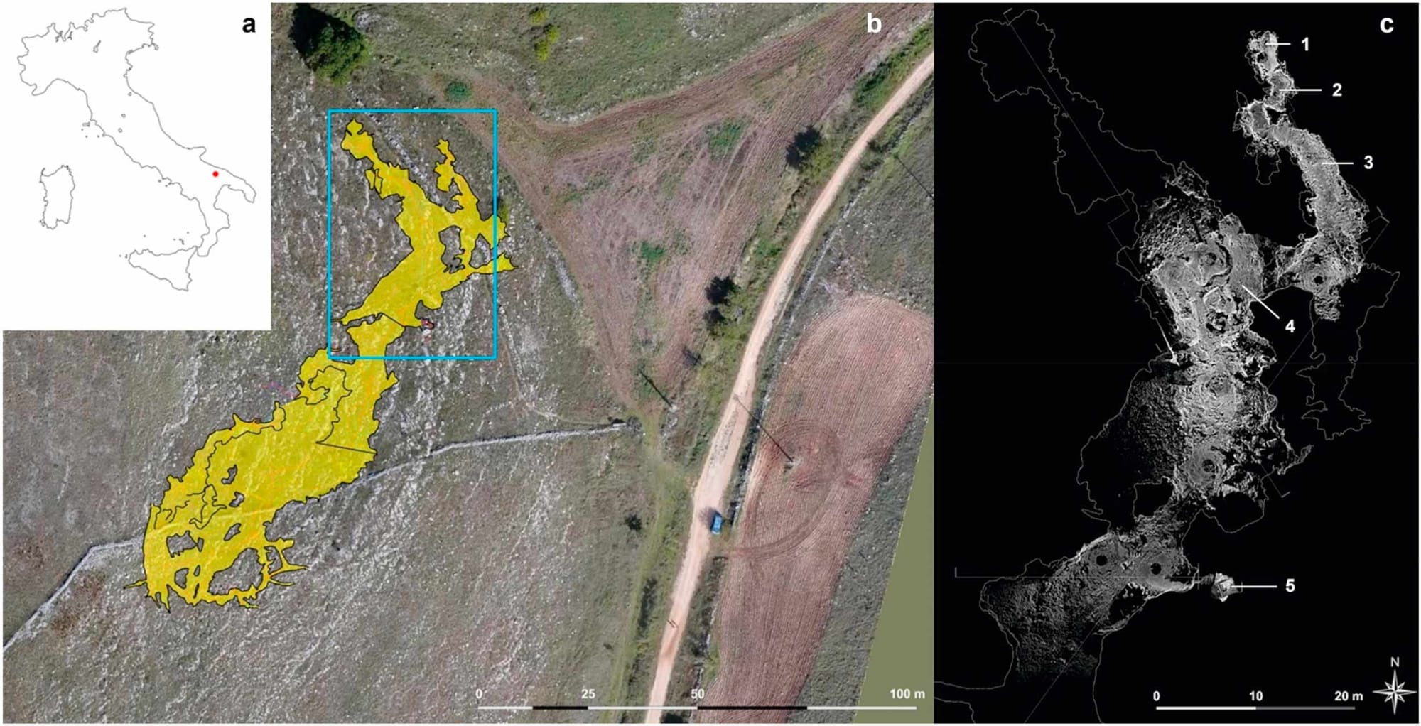 Three panels. At left is a map of Italy with star indicating location of the Lamalunga Cave. At center is a map of the cave outline shown superimposed on the overlying landscape view. At right is a point cloud showing areas of the cave near the hominin skeleton.