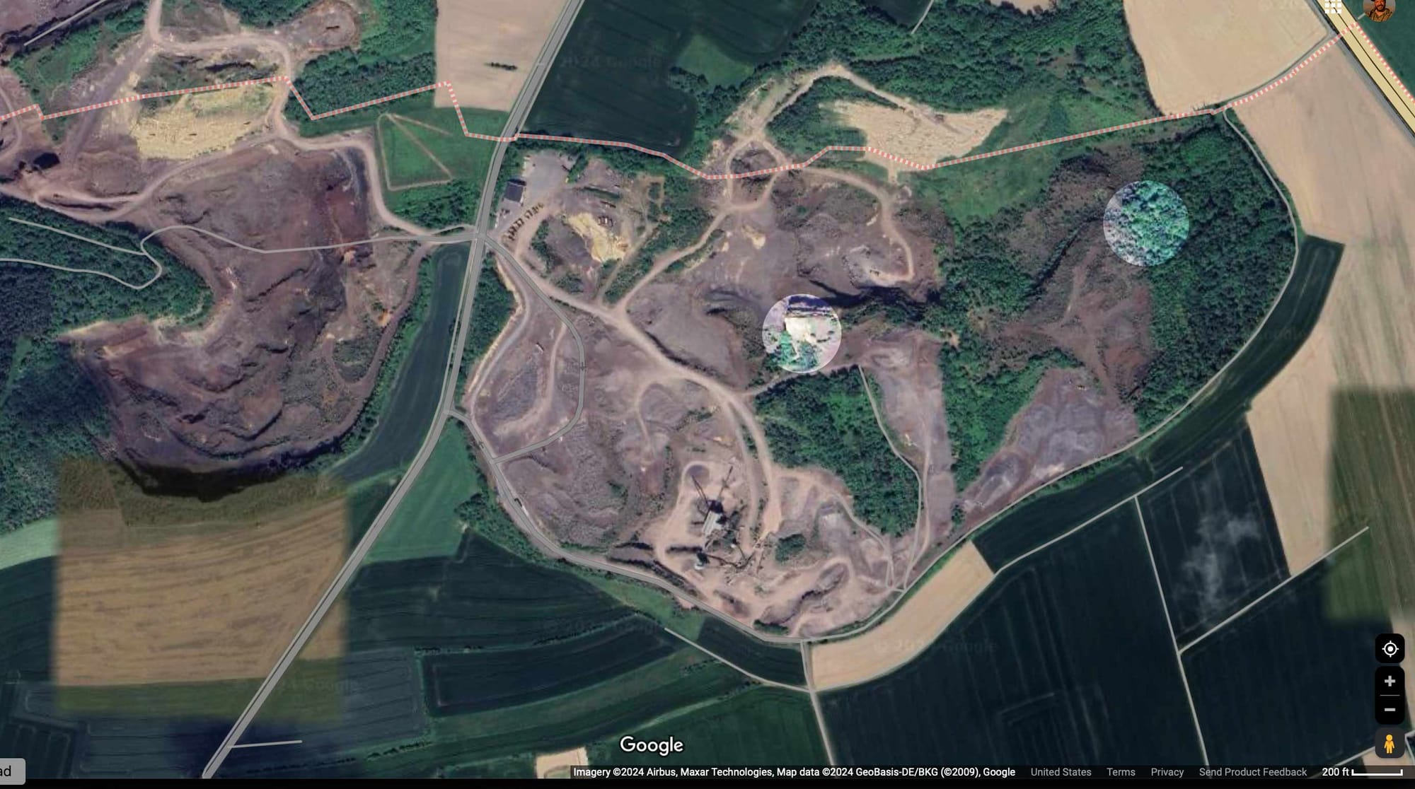 Satellite image showing quarry activity around the Wannenköpfe hill outside Ochtendung, Germany