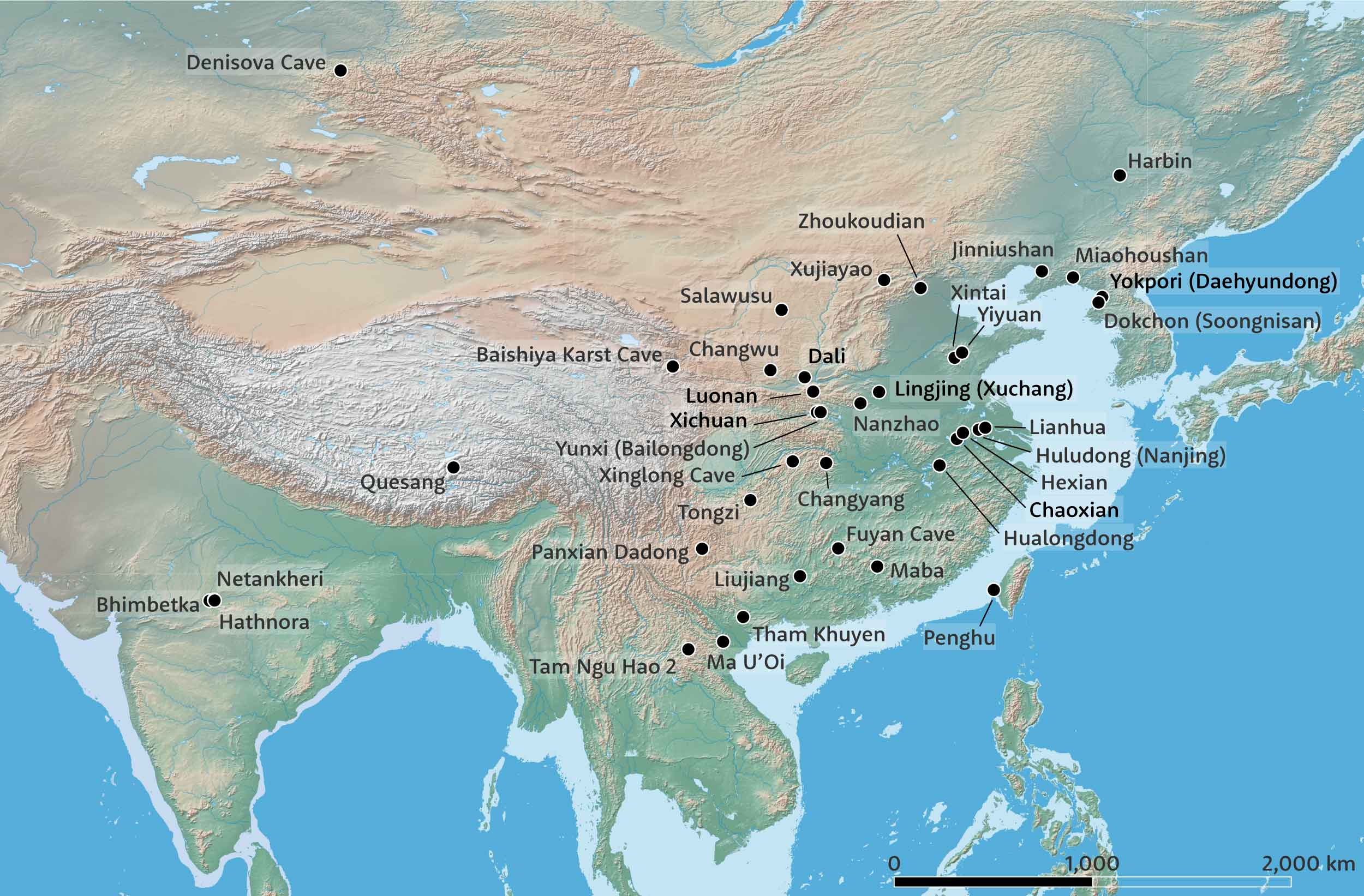 Map of China and adjacent regions showing around 35 sites from Middle Pleistocene times