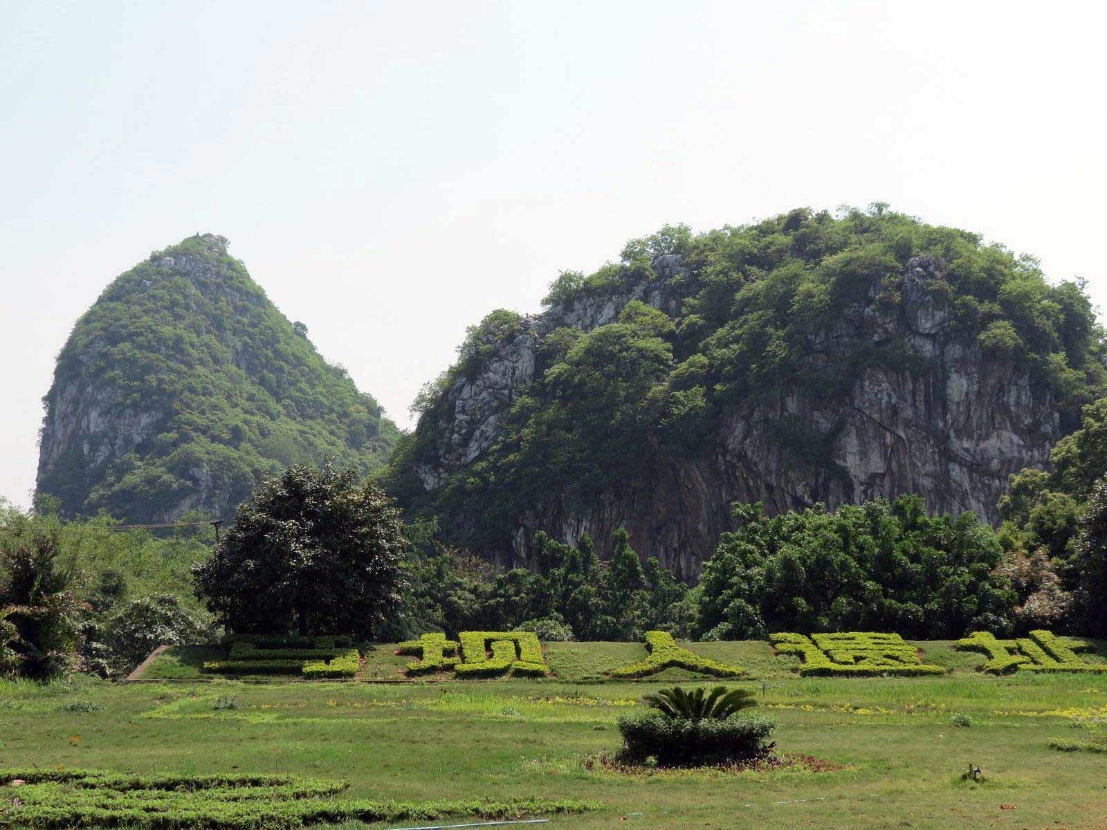 Two impressive hills with sheer rock cliffs bordering them. They are covered with green trees, and a hedge in the foreground is sculpted with Chinese characters