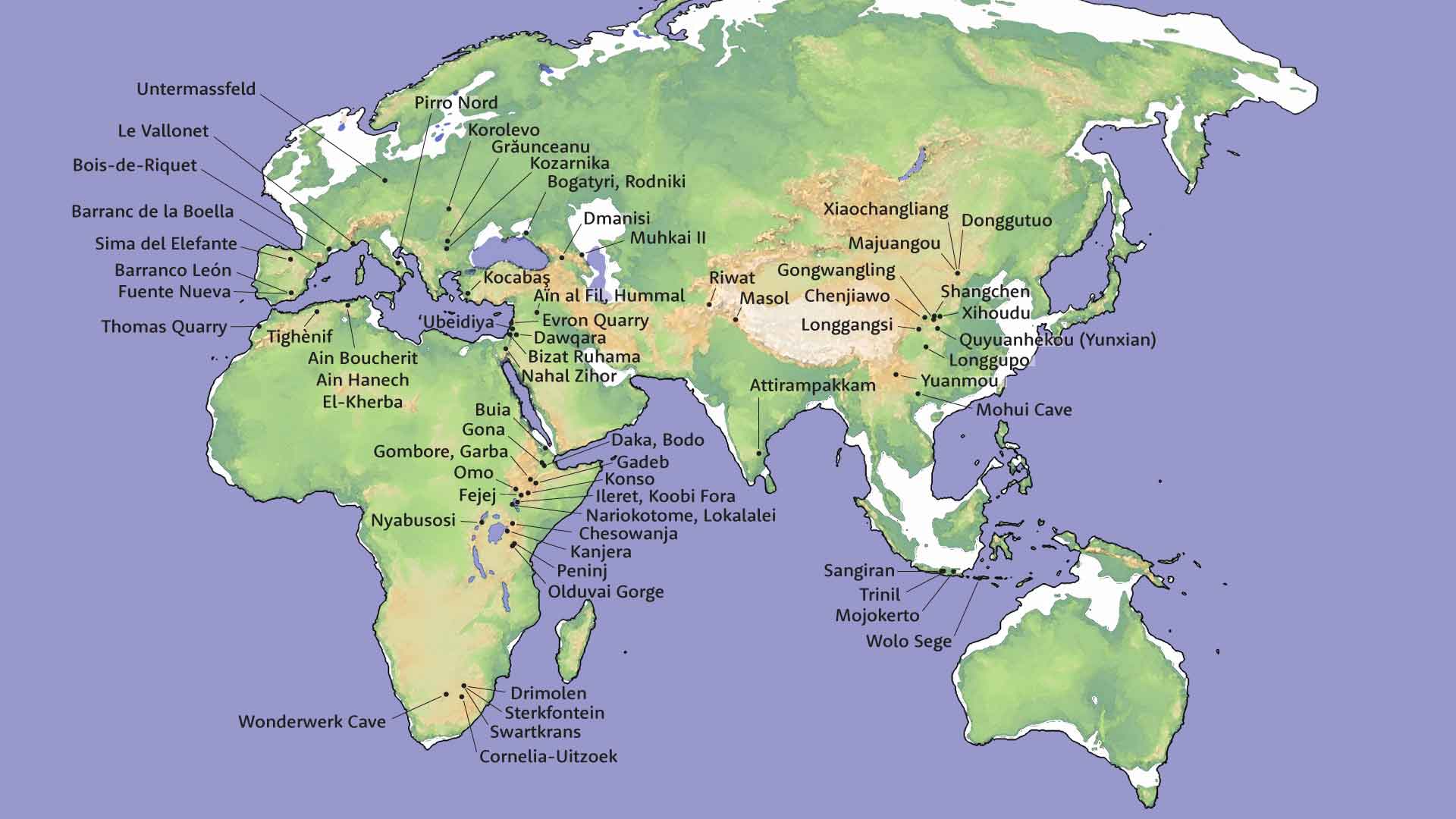 Map of Africa, Eurasia, and Australasia with sites noted.