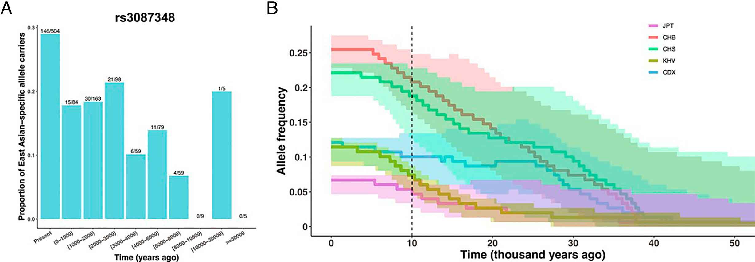 A plot with two panels showing the frequency of the tag SNP in ancient DNA samples (left) and the inferred change in frequency over time (right)